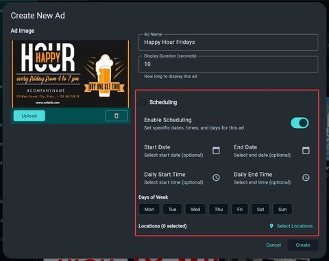 Scheduling options for Rear Screen ads