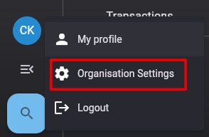 The user settings menu with organisation settings highlighted