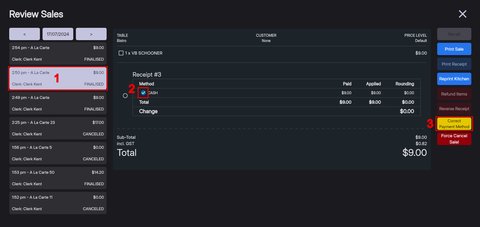 The 'Correct Payment Method' function on the Review Sales Window