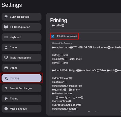 The Print Kitchen Docket Option in the Till Settings